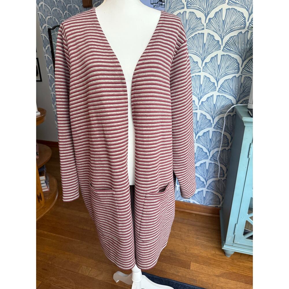 CJ BANKS Exclusive Open Cardigan Stripped Gray and Pink Sweater Sz. 2X